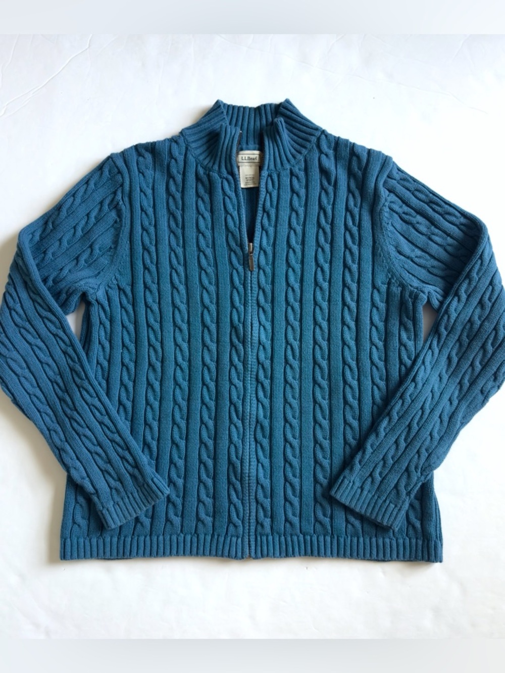 LL Bean Cable Knit Sweater Womens Medium Blue Cardigan Full Zip Fisherman Chunky